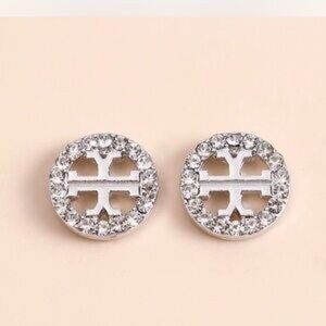 NWT Tory Burch ��style�� Silver Crystal Logo Reverse T Earrings OS